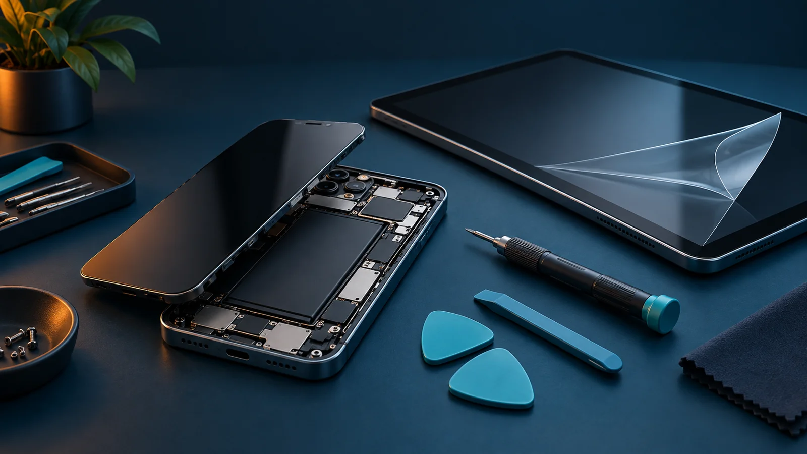 Illustration d’un smartphone ouvert, d’outils de réparation et d’une tablette avec film de protection